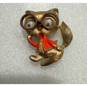 Vintage JJ Jonette Google Eye Cat Brooch Enamel Orange Vest Glasses Gold Tone